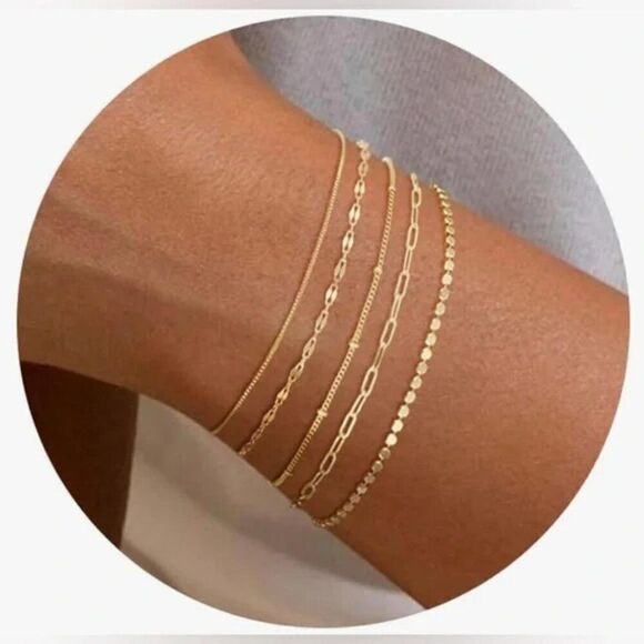 NEW 5pc Gold Bracelets 14K Dainty Gold Plated Stackable Bracelets for Women - Picture 1 of 7